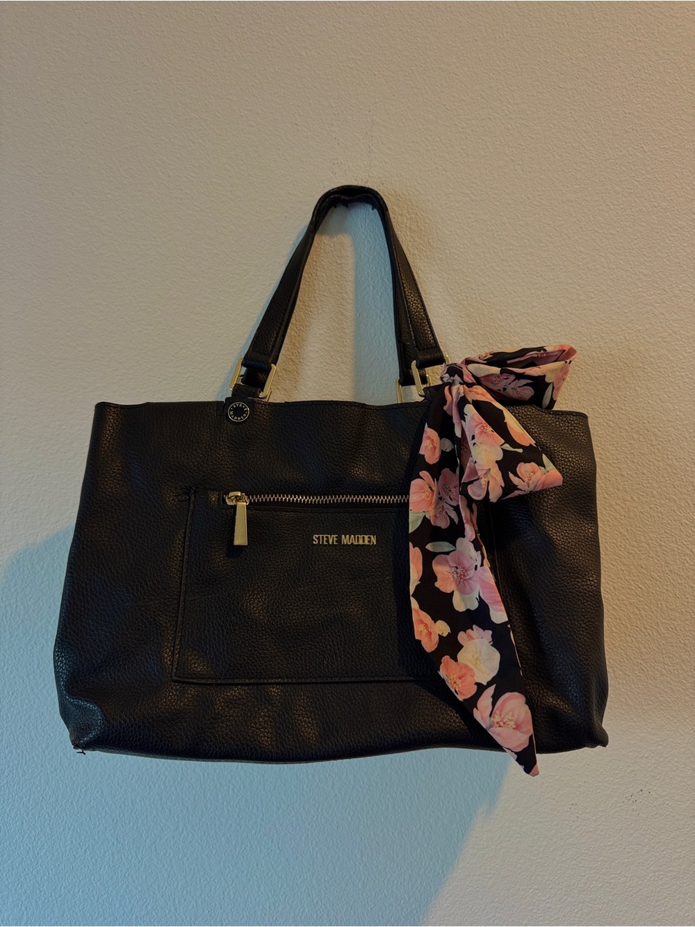 Steve Madden Black Tote with Pink Floral Scarf